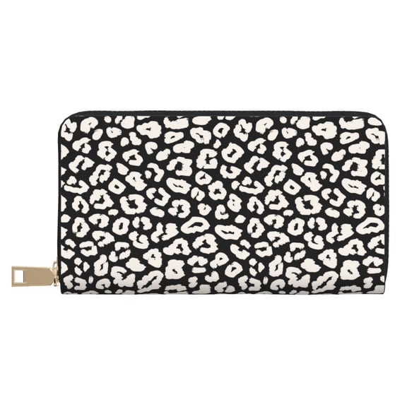 Leather Thin Slim Wallets for Women Men - black white trendy Leopard Clutch Card Wallet for Women Men with Zipper
