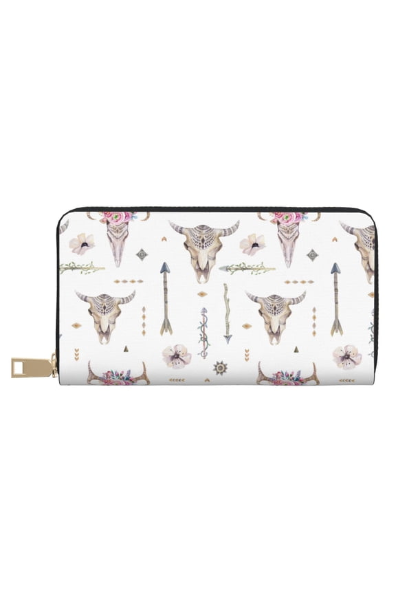 Leather Thin Slim Wallets for Women Men - boho cow skull arrows Indian Clutch Card Wallet for Women Men with Zipper