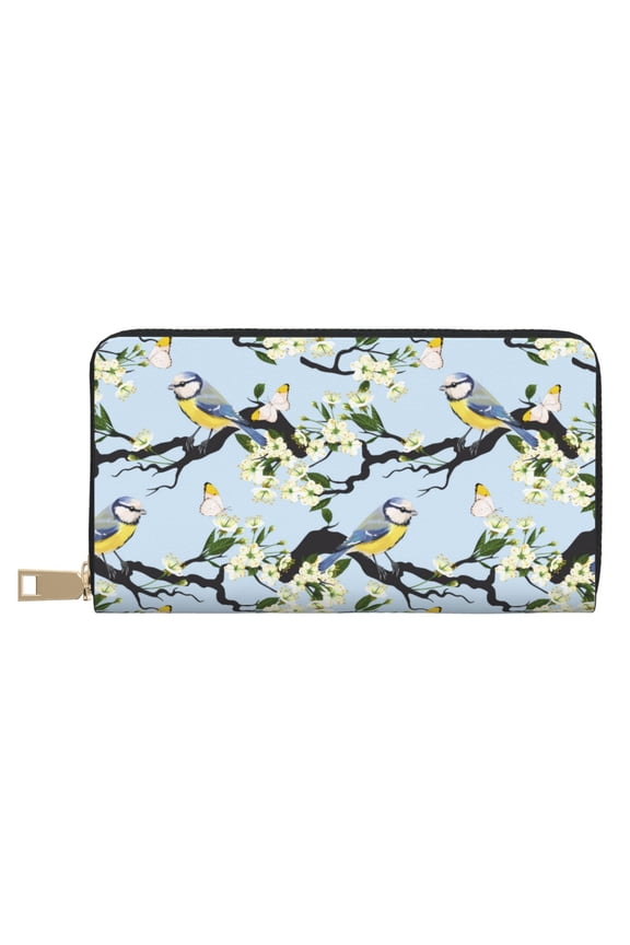 Leather Thin Slim Wallets for Women Men - butterfly bird berry blossom blue Clutch Card Wallet for Women Men with Zipper