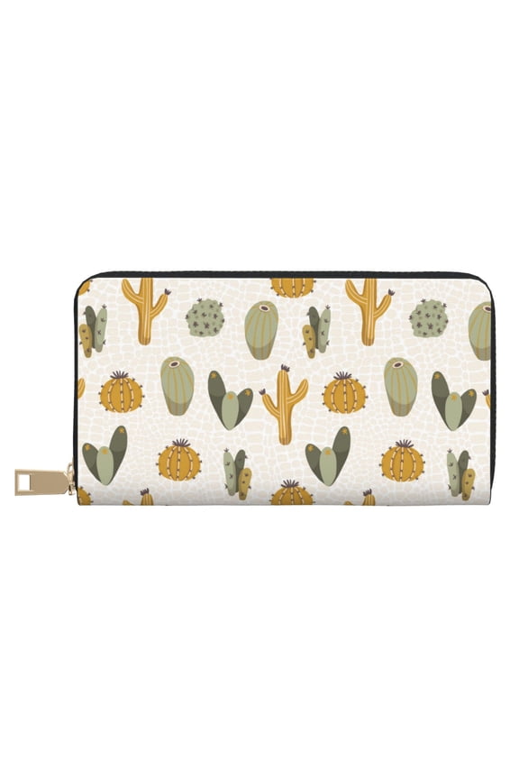 Leather Thin Slim Wallets for Women Men - cartoon Cactus Pattern Clutch Card Wallet for Women Men with Zipper
