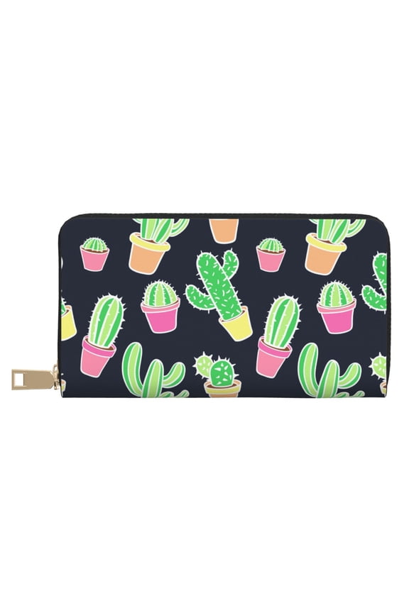 Leather Thin Slim Wallets for Women Men - cartoon Cactus potted plant Clutch Card Wallet for Women Men with Zipper