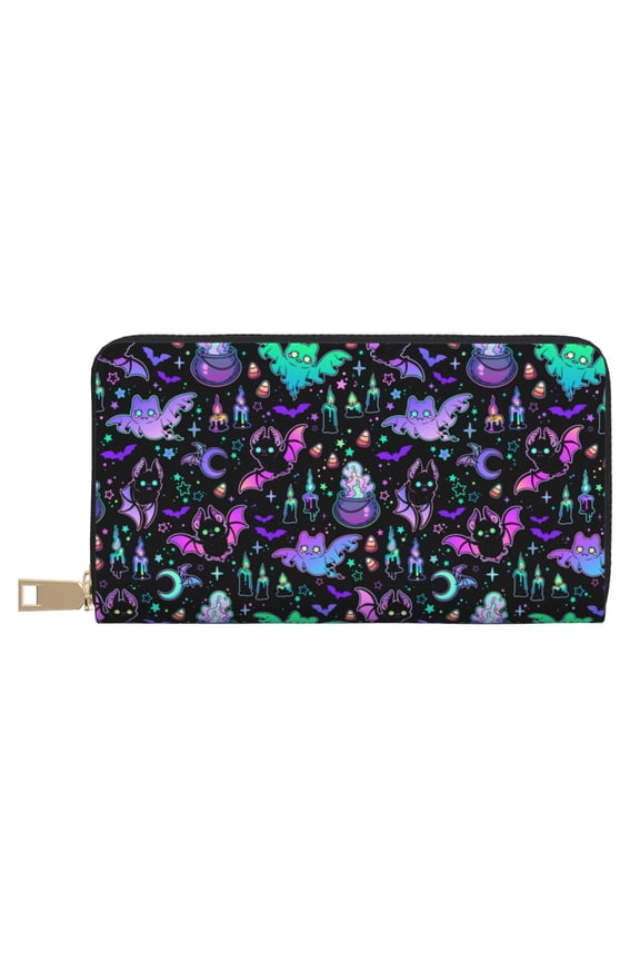 Leather Thin Slim Wallets for Women Men - cartoon bat halloween Clutch Card Wallet for Women Men with Zipper