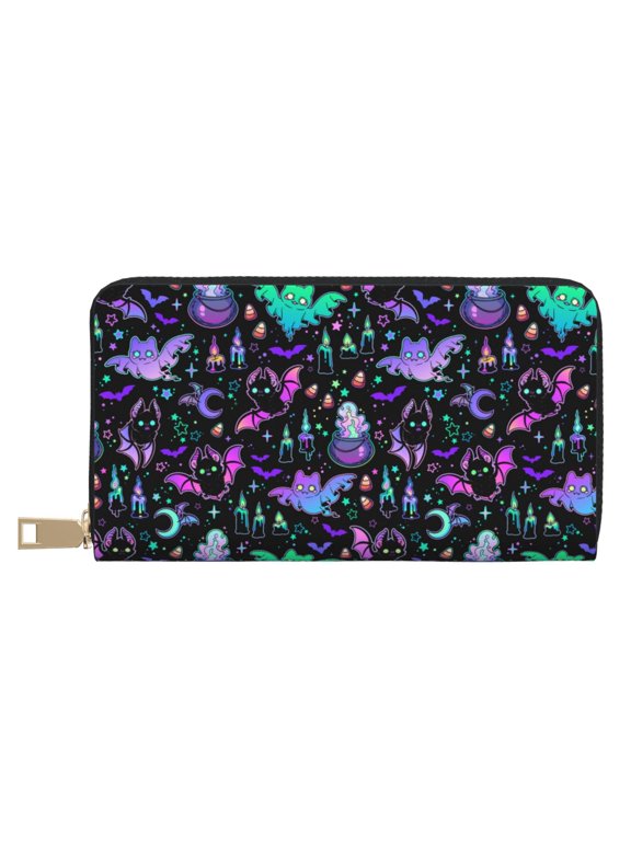 Leather Thin Slim Wallets for Women Men - cartoon bat halloween Clutch Card Wallet for Women Men with Zipper
