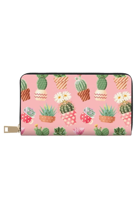 Leather Thin Slim Wallets for Women Men - colorful Cactus potted plant Clutch Card Wallet for Women Men with Zipper