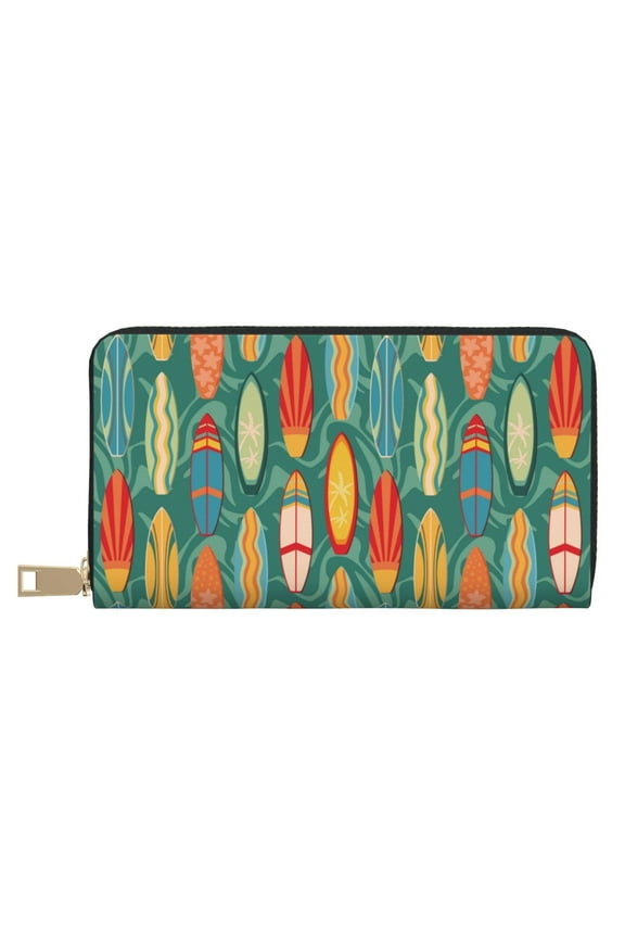 Leather Thin Slim Wallets for Women Men - colorful surf boards Clutch Card Wallet for Women Men with Zipper