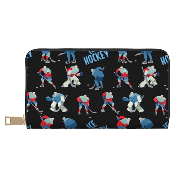 Leather Thin Slim Wallets for Women Men - cool Ice Hockey black Clutch Card Wallet for Women Men with Zipper