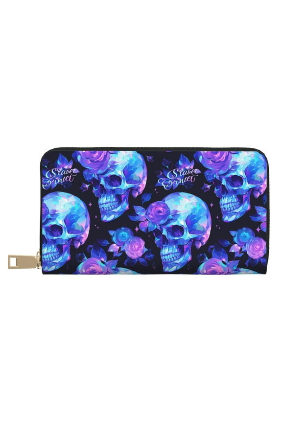 Leather Thin Slim Wallets for Women Men - cool crystal Skull flower Clutch Card Wallet for Women Men with Zipper