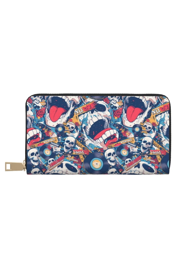 Leather Thin Slim Wallets for Women Men - cool rock Skull Clutch Card Wallet for Women Men with Zipper