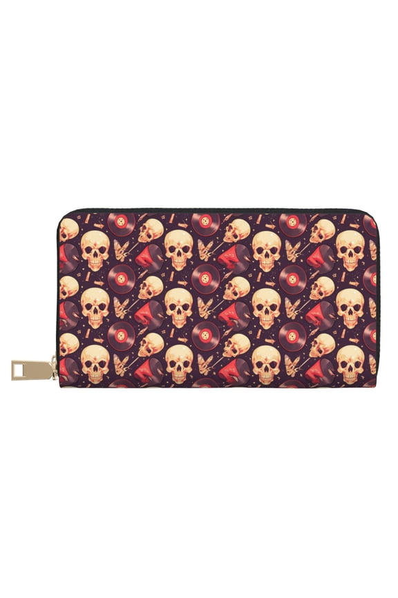 Leather Thin Slim Wallets for Women Men - cool rock Skull record Clutch Card Wallet for Women Men with Zipper