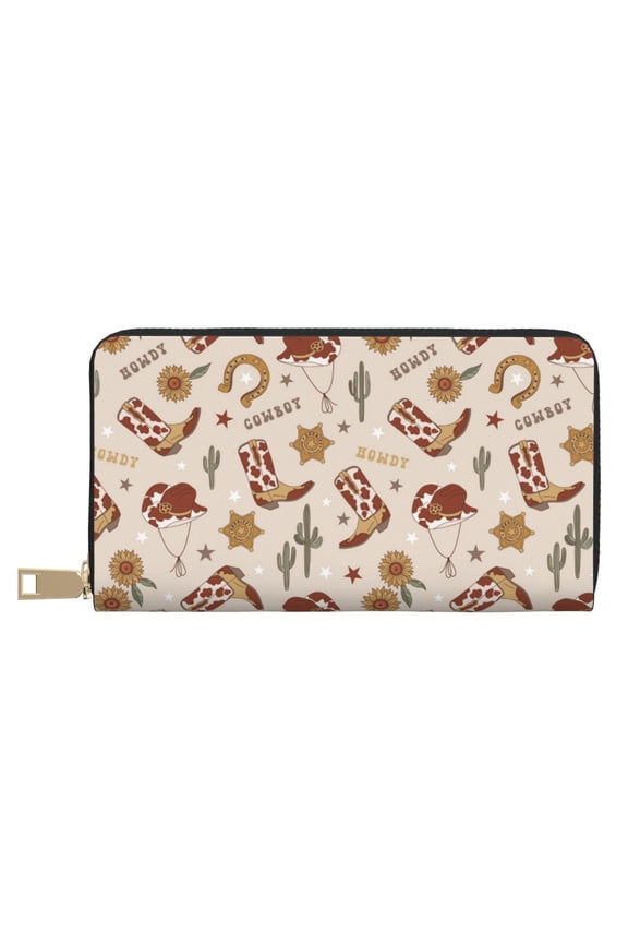 Leather Thin Slim Wallets for Women Men - cowgirl retro boots hat sunflower Clutch Card Wallet for Women Men with Zipper