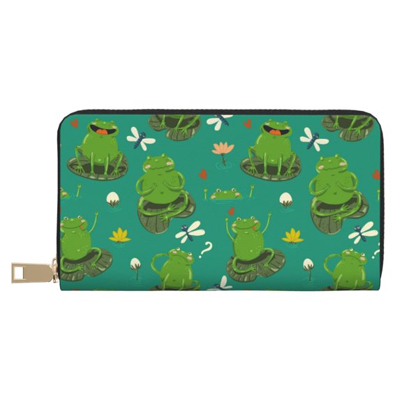 Leather Thin Slim Wallets for Women Men - cute frogs dragonfly Lily green Clutch Card Wallet for Women Men with Zipper