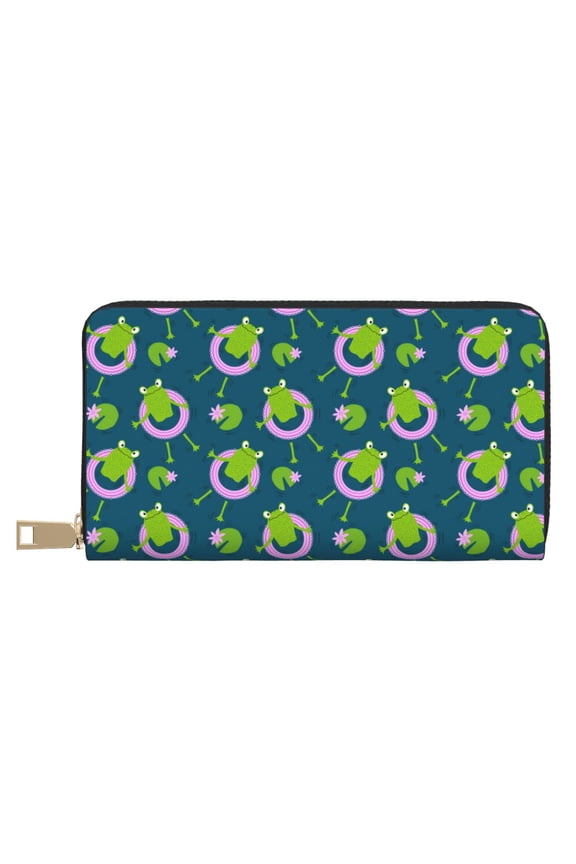 Leather Thin Slim Wallets for Women Men - cute frogs swimming ring flower Clutch Card Wallet for Women Men with Zipper
