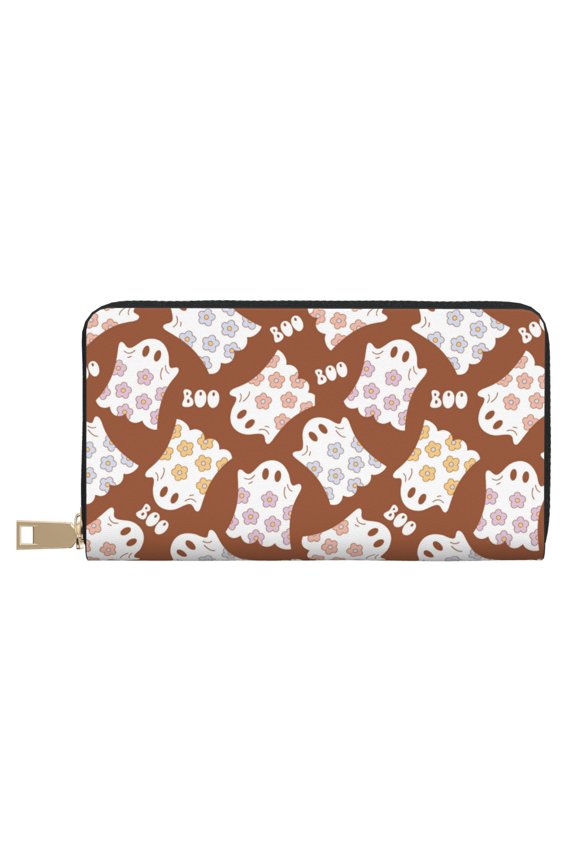 Leather Thin Slim Wallets for Women Men - cute halloween ghost funny Clutch Card Wallet for Women Men with Zipper