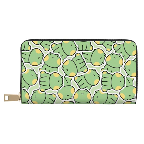 Leather Thin Slim Wallets for Women Men - cute smile frog green Clutch Card Wallet for Women Men with Zipper