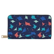 Leather Thin Slim Wallets for Women Men - cute stingrays fish navyblue Clutch Card Wallet for Women Men with Zipper