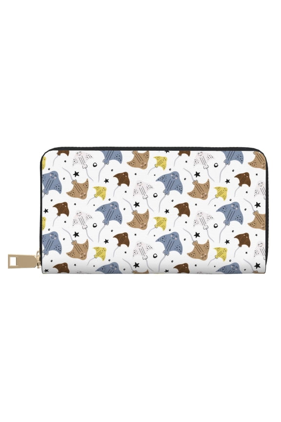 Leather Thin Slim Wallets for Women Men - cute stingrays scandinavian style Clutch Card Wallet for Women Men with Zipper