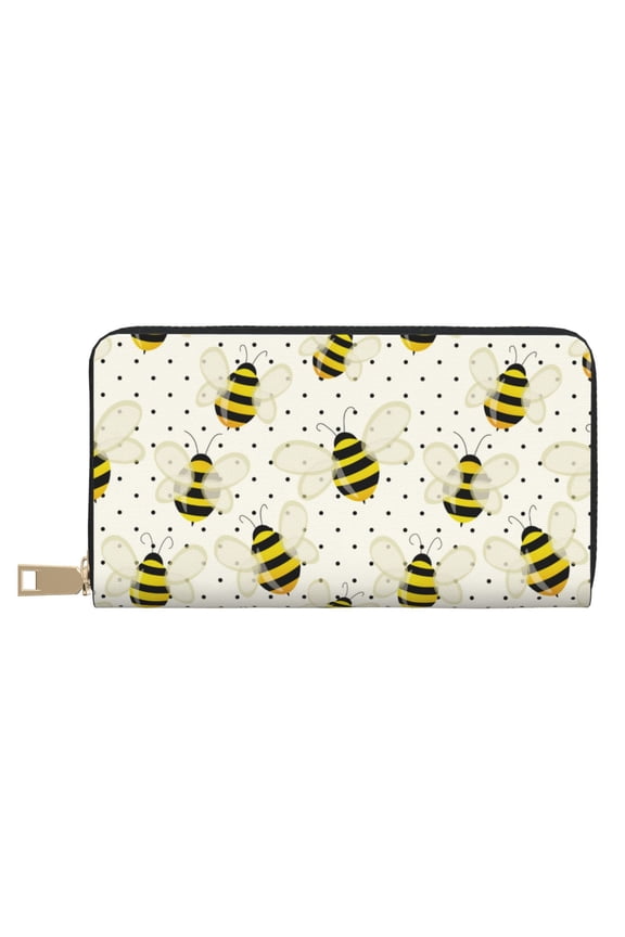 Leather Thin Slim Wallets for Women Men - cute yellow bees polka dots Clutch Card Wallet for Women Men with Zipper