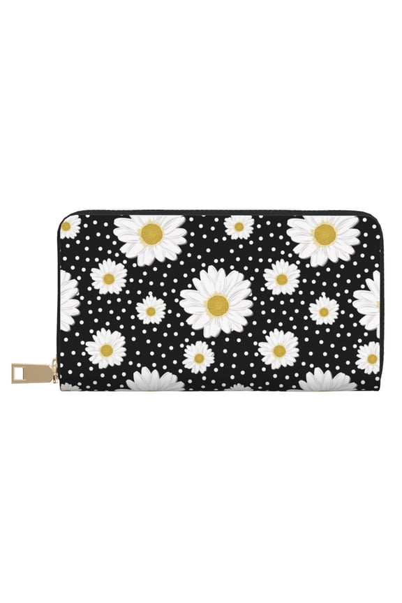 Leather Thin Slim Wallets for Women Men - daisy flowers dotted black Clutch Card Wallet for Women Men with Zipper