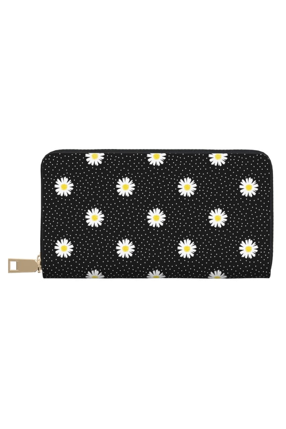 Leather Thin Slim Wallets for Women Men - daisy polka dot dotted black Clutch Card Wallet for Women Men with Zipper
