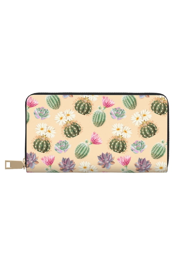 Leather Thin Slim Wallets for Women Men - desert Cactus Succulents Clutch Card Wallet for Women Men with Zipper