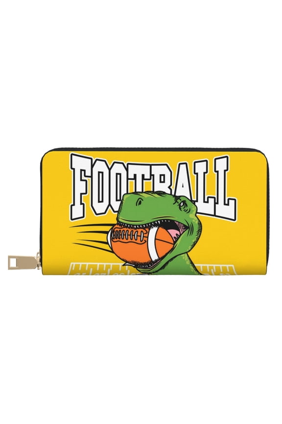 Leather Thin Slim Wallets for Women Men - dinosaurs Playing Football Clutch Card Wallet for Women Men with Zipper