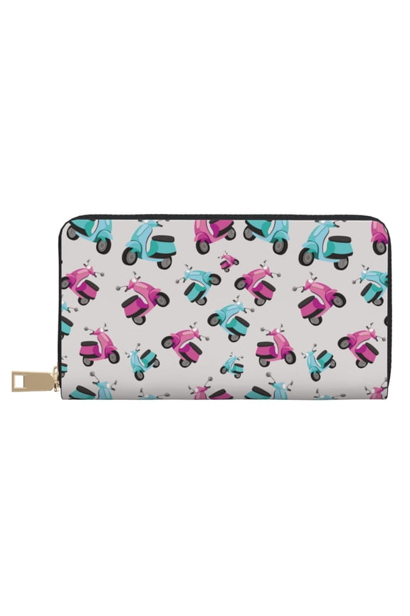 Leather Thin Slim Wallets for Women Men - electric Bike Pattern Clutch Card Wallet for Women Men with Zipper