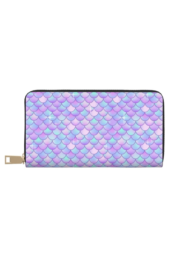 Leather Thin Slim Wallets for Women Men - fish dragon iridescent scale Clutch Card Wallet for Women Men with Zipper