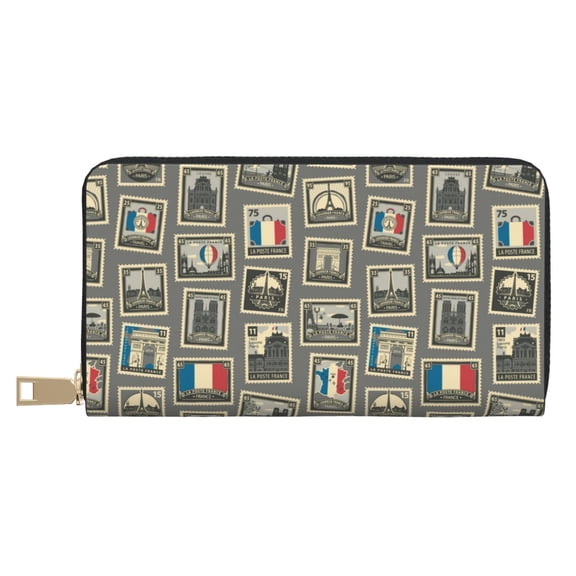 Leather Thin Slim Wallets for Women Men - france Stamp Pattern Clutch Card Wallet for Women Men with Zipper
