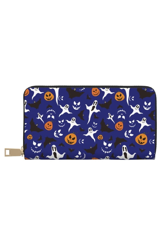 Leather Thin Slim Wallets for Women Men - fun halloween ghost Clutch Card Wallet for Women Men with Zipper