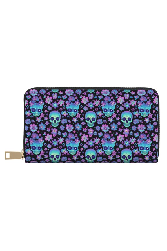 Leather Thin Slim Wallets for Women Men - funny Skull pink flower Clutch Card Wallet for Women Men with Zipper
