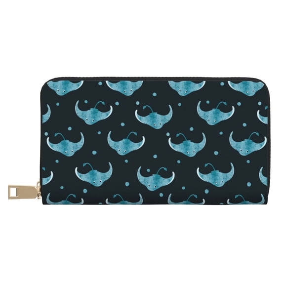 Leather Thin Slim Wallets for Women Men - funny Stingray fish blue dots Clutch Card Wallet for Women Men with Zipper