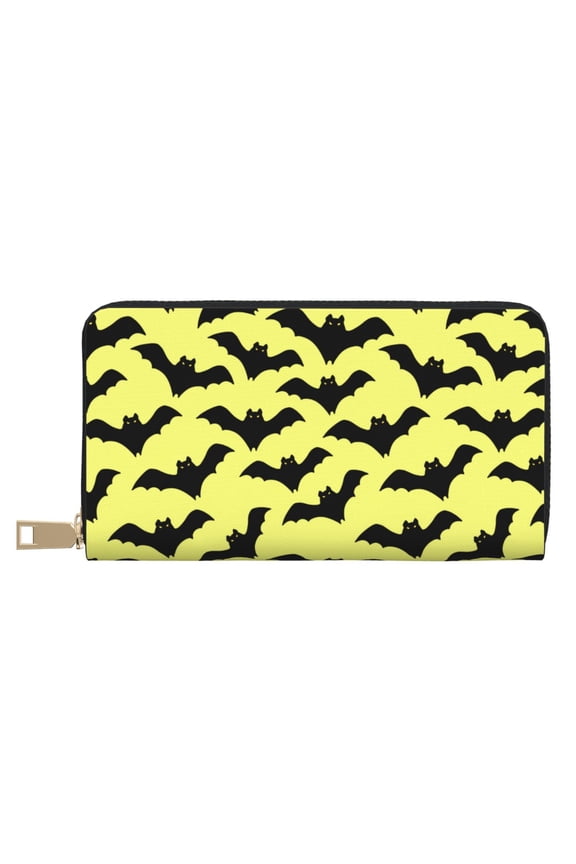 Leather Thin Slim Wallets for Women Men - funny cartoon bats Halloween yellow Clutch Card Wallet for Women Men with Zipper