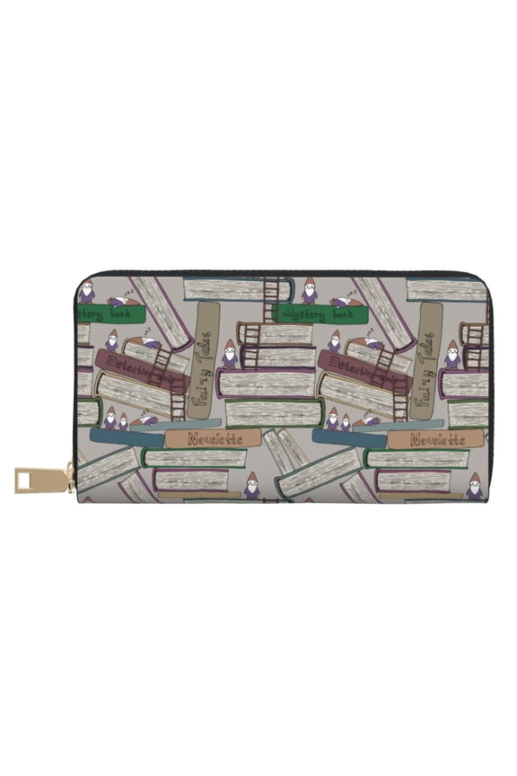 Leather Thin Slim Wallets for Women Men - funny cute gnomes books Clutch Card Wallet for Women Men with Zipper