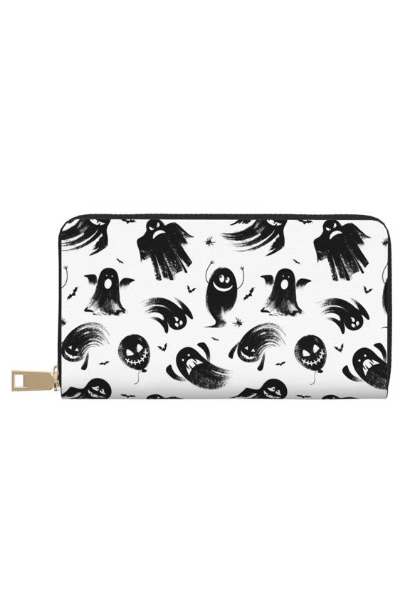 Leather Thin Slim Wallets for Women Men - funny ghost Patterns halloween Clutch Card Wallet for Women Men with Zipper
