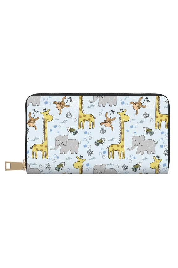 Leather Thin Slim Wallets for Women Men - giraffe monkey_A Clutch Card Wallet for Women Men with Zipper