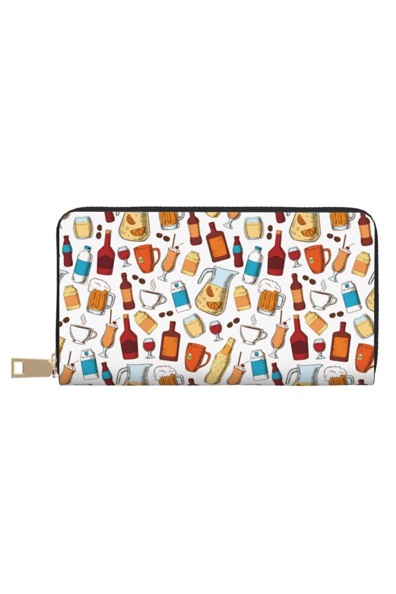 Leather Thin Slim Wallets for Women Men - glass beer Clutch Card Wallet for Women Men with Zipper