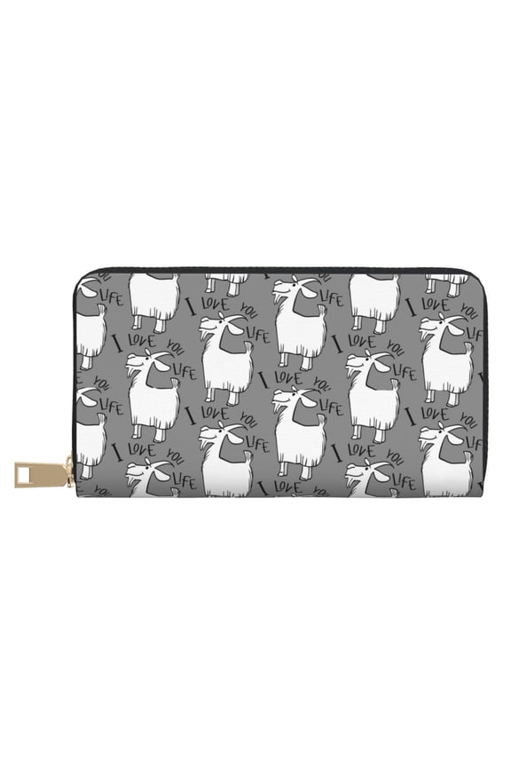 Leather Thin Slim Wallets for Women Men - goat funny grey cute Clutch Card Wallet for Women Men with Zipper