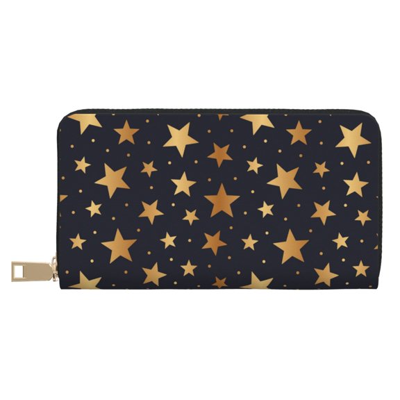 Leather Thin Slim Wallets for Women Men - gold glitter star Clutch Card Wallet for Women Men with Zipper