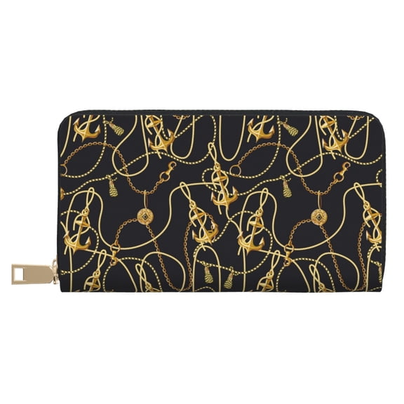 Leather Thin Slim Wallets for Women Men - golden anchor chain navyblue Clutch Card Wallet for Women Men with Zipper