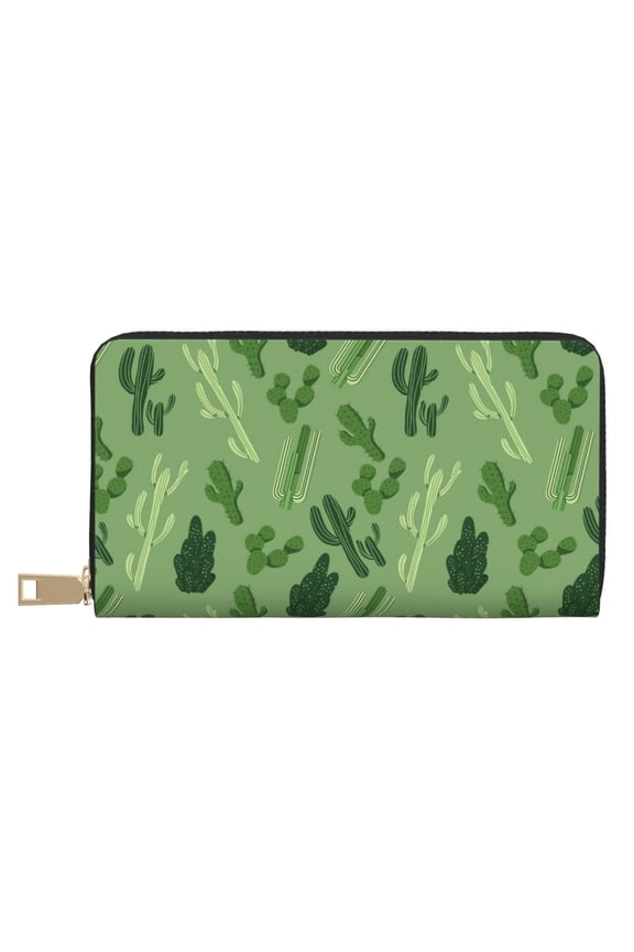 Leather Thin Slim Wallets for Women Men - green Cactus Pattern Clutch Card Wallet for Women Men with Zipper
