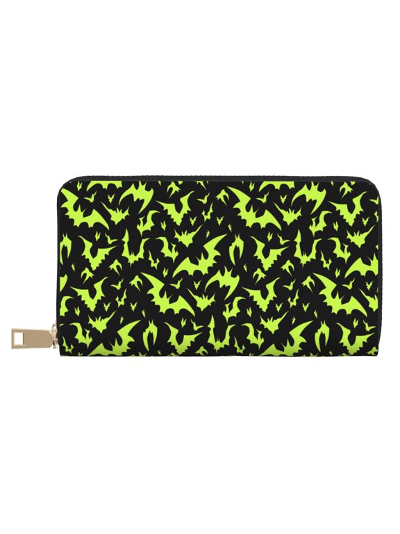 Leather Thin Slim Wallets for Women Men - green bats Halloween black cool Clutch Card Wallet for Women Men with Zipper