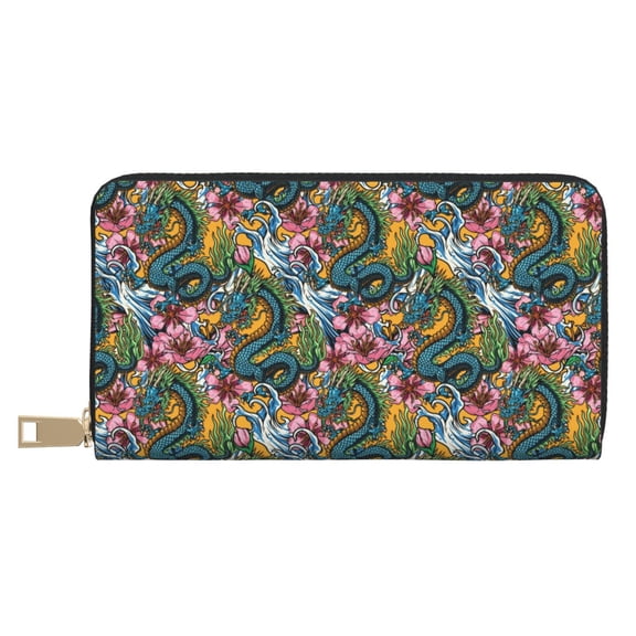 Leather Thin Slim Wallets for Women Men - green cool dragon Clutch Card Wallet for Women Men with Zipper