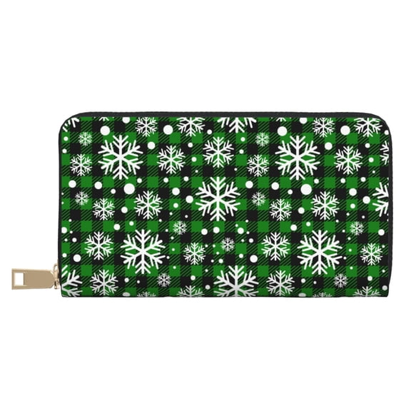 Leather Thin Slim Wallets for Women Men - green grid white snowflakes Plaid Clutch Card Wallet for Women Men with Zipper