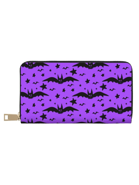 Leather Thin Slim Wallets for Women Men - halloween bat elements Clutch Card Wallet for Women Men with Zipper