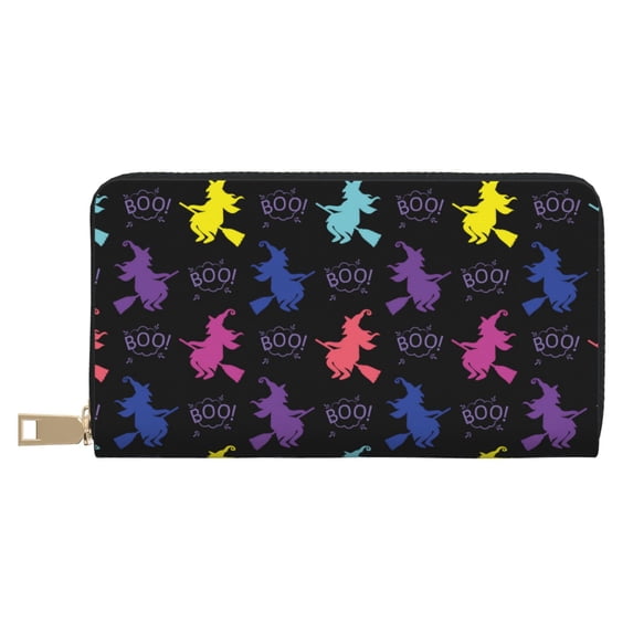 Leather Thin Slim Wallets for Women Men - halloween boo witch colorful Clutch Card Wallet for Women Men with Zipper