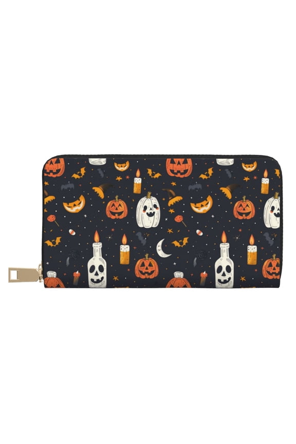 Leather Thin Slim Wallets for Women Men - halloween spooky fun pumpkins bats Clutch Card Wallet for Women Men with Zipper