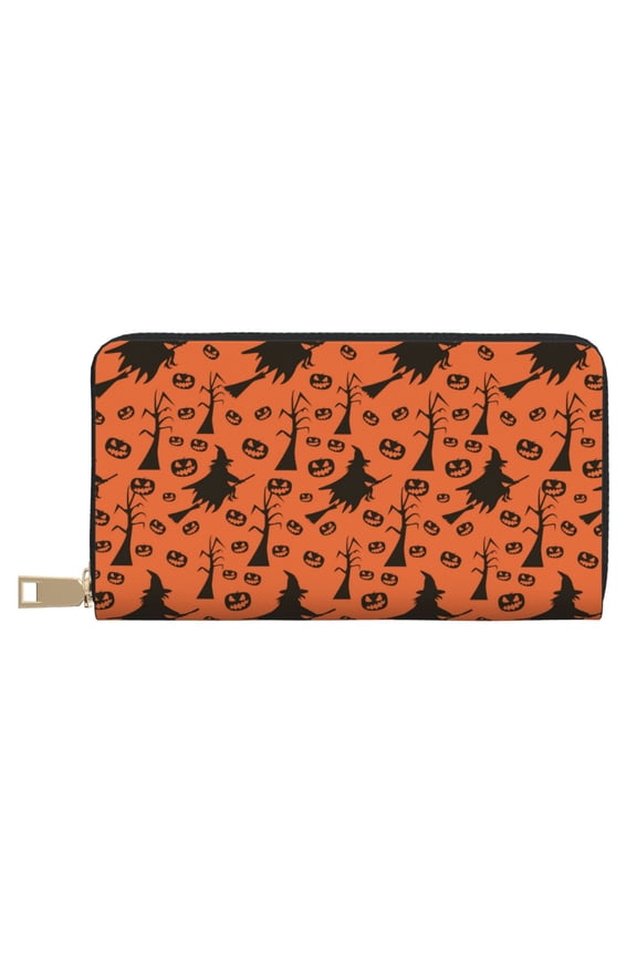 Leather Thin Slim Wallets for Women Men - halloween witch print Clutch Card Wallet for Women Men with Zipper