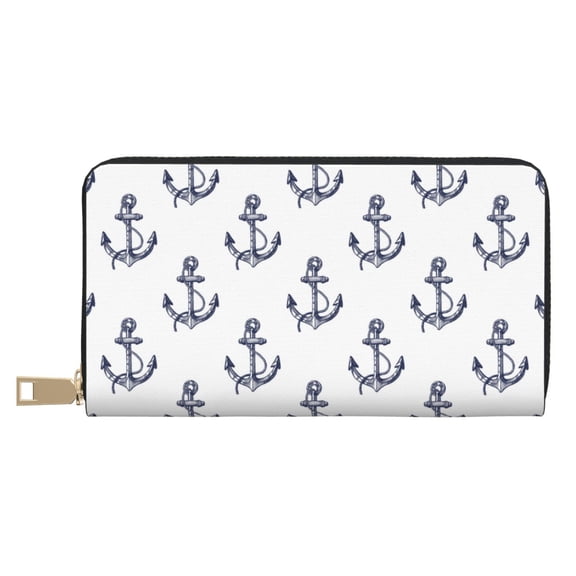 Leather Thin Slim Wallets for Women Men - hand drawn anchors white vintage Clutch Card Wallet for Women Men with Zipper