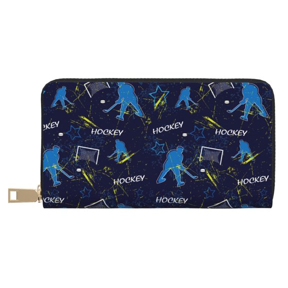 Leather Thin Slim Wallets for Women Men - hockey players blue cool Clutch Card Wallet for Women Men with Zipper