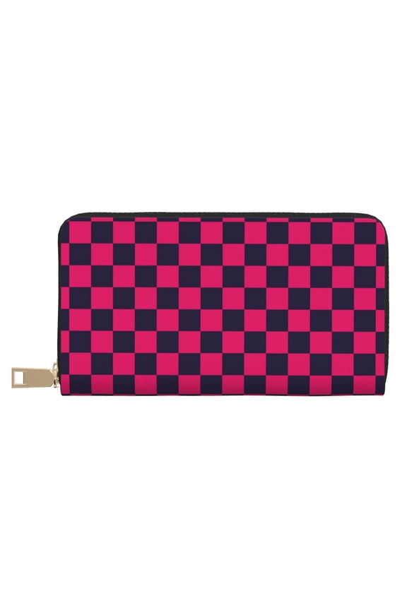 Leather Thin Slim Wallets for Women Men - navyblue pink Checkered Clutch Card Wallet for Women Men with Zipper